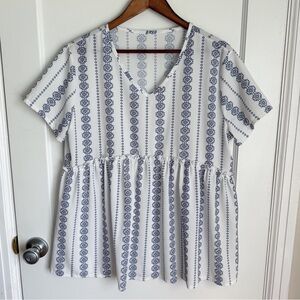 White & Blue Peplum Patterned Blouse with Short Sleeves